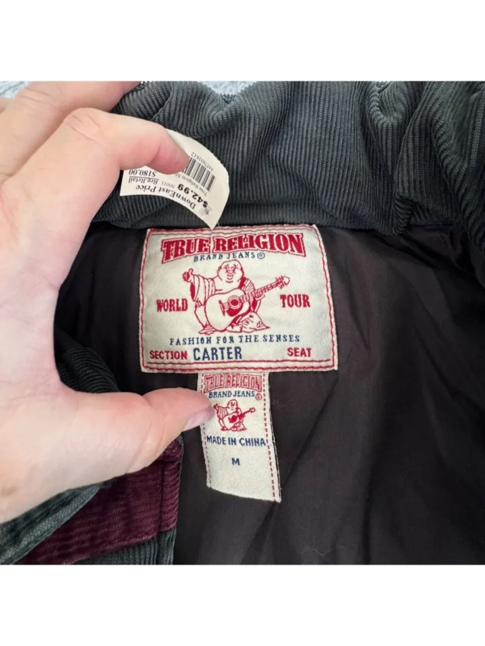 True Religion Corduroy Puffer Vest Burgundy Gray Mens M Snap Retro Western
